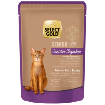 Select Gold Senior Sensitive Digestion Katzenfutterbeutel mit Truthahn und Reis, glutenfrei, ohne Zuckerzusatz oder Soja, für Katzen ab 7 Jahren.
