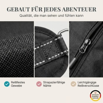 Eine Frau in einem weißen Kleid trainiert einen gelben Labrador in einem Park mit einer freihändigen Leine. Text darüber liest "PRAKTISCHE LEINEN-HALTERUNG FÜR FREIE HÄNDE."