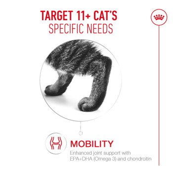 Cat hind legs close-up with text: TARGET 11+ CAT'S SPECIFIC NEEDS; MOBILITY: joint support (EPA+DHA Omega-3 & chondroitin)