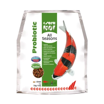 Karma dla ryb Sera Koi Probiotic All Seasons, 5 kg, z żywym wzorem karpia, promująca optymalne odżywianie i wsparcie odporności.
