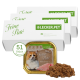 Drei Schachteln "Feine Paté" Katzenfutter von LECKER.PET, mit einem 100g Tablett mit einem Katzenbild und einer Portion Paté.