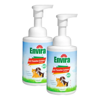 Zwei Flaschen Envira Anti-Parasiten Schaum, einem Haustier-Anti-Parasiten-Schaum, mit einer Hund- und Katzenillustration, jeweils 350ml.