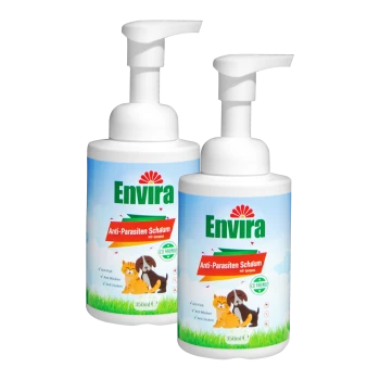 Zwei Flaschen Envira Anti-Parasiten Schaum, einem Haustier-Anti-Parasiten-Schaum, mit einer Hund- und Katzenillustration, jeweils 350ml.