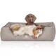 Ein gemütliches Hundebett in neutralem Grau mit einem weißen Logo, das 'KNUFFELWUFF' liest, mit zwei Hunden, die bequem liegen.