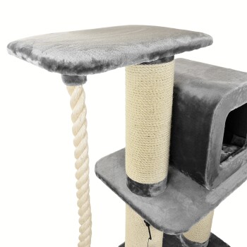 Grau Katzenbaum mit einer plüschigen oberen Plattform, mit Sisal umwickelten Kratzpfosten und einem gemütlichen Versteck.