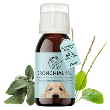 Bronchial Plus Ergänzung für Hunde, 100 ml Flasche mit einem hellblauen Etikett, das das Gesicht eines Hundes und pflanzliche Zutaten zeigt.