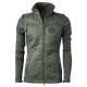 Eine grüne gesteppte Jacke mit hohem Kragen und langen Ärmeln, mit einem Logo auf der Brust und Reißverschlusstaschen.