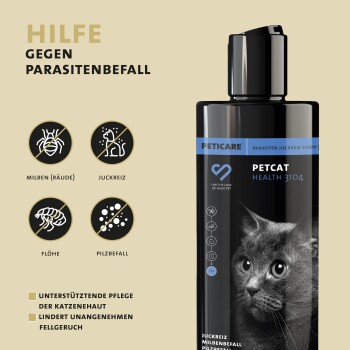 Schwarze Flasche von Peticare Petcat Health 3104 mit dem Gesicht einer Katze, die Linderung von Parasiten, Juckreiz und Hautproblemen fördert.