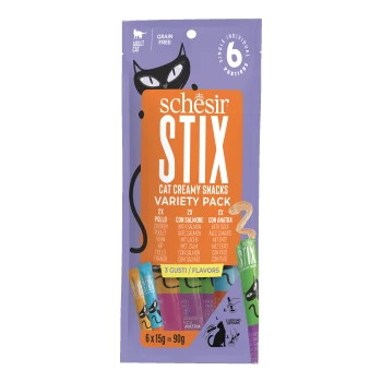 Purple package of Schesir Stix cat creamy snacks variety pack with black cat illustration and six individual portions.