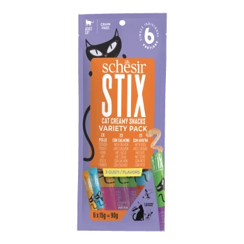 Purple package of Schesir Stix cat creamy snacks variety pack with black cat illustration and six individual portions.