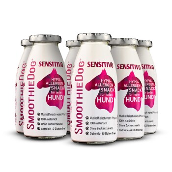 Glasflaschen des SmoothieDog Sensitivo hypoallergenen Hundesnacks mit rosa Pferdekopf-Logo; sichtbarer Text 'HYPO-ALLERGEN SNACK'.