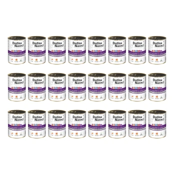 Siatka 24 puszek karmy dla zwierząt Dolina Noteci, oznaczona 'JUNIOR' z obrazkami składników i ikonami żywieniowymi.