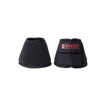 Schwarze Hufschuhe für Pferde mit weichem Außenmaterial und Klettverschluss, auf der Seite beschriftet mit "4 HORSES".