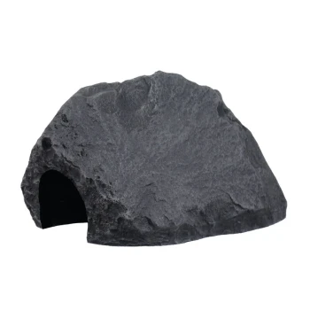Ein realistisches schwarzes Felsversteck für kleine Haustiere, mit einer strukturierten Oberfläche und einem Eingang auf einer Seite.