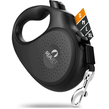 Schwarze, einziehbare Hundeleine mit strukturiertem Griff, mit einem Logo, das "REAVET PROFESSIONAL" liest, und Größenindikatoren S, M, L, XL.