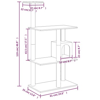 Katzenbaumdiagramm mit in Zentimetern und Zoll beschrifteten Abmessungen, das mehrere Ebenen, ein würfelförmiges Versteck und Kratzpfosten zeigt.