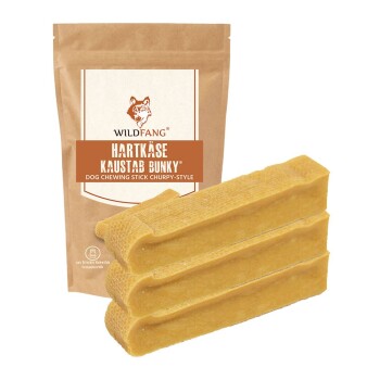 Hundekau-Sticks von Wildfang, beschriftet mit "Hartkäse Kaustab Bunky," mit vier gelben Sticks vor einer braunen Verpackung.