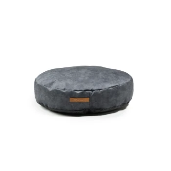 Rundes, graues Haustierbett mit einer weichen Oberfläche und einem kleinen braunen Etikett mit dem Text 'newproduct.com' an der Seite.