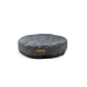 Rundes, graues Haustierbett mit einer weichen Oberfläche und einem kleinen braunen Etikett mit dem Text 'newproduct.com' an der Seite.