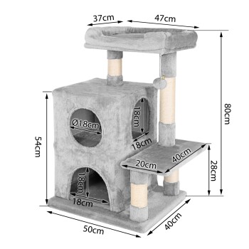 Grauer Kratzbaum für Katzen mit mehreren Ebenen, Kratzpfosten und zwei Versteckmöglichkeiten; Abmessungen beschriftet: 80 cm Höhe, 50 cm Breite.