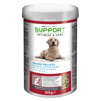 Container of PetBalance Support Joint Pellets for dogs, featuring a golden retriever on the label, 675g, with text in multiple languages.