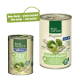 Zwei Dosen "Real Nature" Tiernahrung: größere "Original Adult" mit Kalbfleisch und Brokkoli, kleinere "Adult," beide mit einem grünen Banner über das Design.