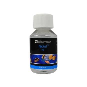 Flasche mit Silbermann Nickel Ergänzungsmittel für Aquarien, 100 ml, mit bunten Fischgrafiken auf dem Etikett.