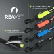 REAVET Professional Leinen mit schwarzen Karabinern, gezeigt in 4 Farben (Gelb, Orange, Blau, Schwarz); 'Hohe Zugkraft'.