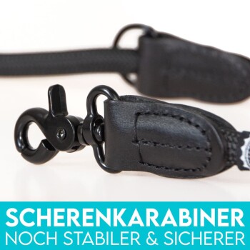 Schwarzer Haustierleinenclip mit robustem Design, mit dem Text "SCHERENKARABINER NOCH STABILER & SICHERER" darunter.