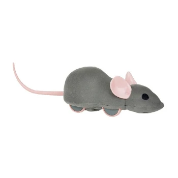 App-gesteuerter Mouse Racer Graues Plüschmausspielzeug mit rosa Ohren und Schwanz, mit Rädern für Bewegung, entworfen für das Spielen mit Haustieren.