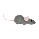 Jouet en peluche souris grise avec des oreilles et une queue roses, présentant des roues pour le mouvement, conçu pour le jeu des animaux de compagnie.