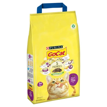 Yellow bag of Purina GoCat cat food, 4kg, featuring a cat on the front, labeled "5 Promises" and "with a tasty Duck and Chicken."