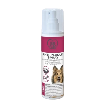 Butelka sprayu Take Care Anti-Plaque dla zwierząt, z uśmiechającym się psem, z tekstem w wielu językach na temat pielęgnacji zębów i redukcji płytki nazębnej.