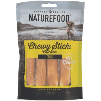 Naturefood Chewy Sticks dla psów, smak kurczaka, opakowanie 100g, z 60% białka i oznaczone jako 100% naturalne.