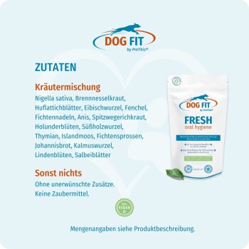 Dog Fit FRESH Mundhygiene-Beutel mit deutschen Zutatenüberschriften 'ZUTATEN', 'Kräutermischung' und 'Sonst nichts' sowie 100 % veganem Siegel.
