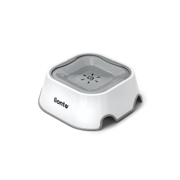 Weiße Haustier-Wasserschüssel mit grauem Rand, mit einem runden Wasserreservoir und einem Logo, das "lionto" liest.