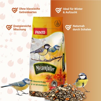 Ein Haufen gemischter Vogelfuttermischung mit Sonnenblumenkernen, Mandeln und verschiedenen kleinen Samen, vor einem weißen Hintergrund.