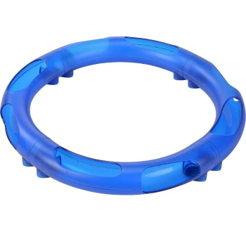 Blue plastic pet toy ring with cut-out sections for easy grip, designed for interactive play.