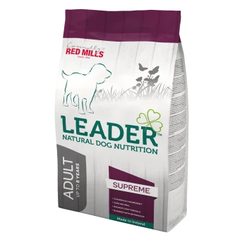 Bag of Leader Natural Dog Nutrition, Supreme formula for adult dogs, featuring chicken as the main ingredient, made in Ireland.