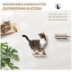 Zwei getigerte Katzen auf modernen wandmontierten Holzregalen mit Pflanze; sichtbarer Text: 'MODERNES DESIGN FÜR ZUFRIEDENE KATZEN'