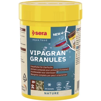 Sera Vipagran Nature Fischfutterbehälter, 30g, mit einem braunen Deckel und bunten Fischbildern, die präbiotische Effekte und langsam sinkende Granulate hervorheben.