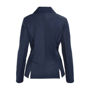 Marineblaue Damenjacke mit taillierter Passform, mit einem Reverskragen und seitlichen Schlitzen, von hinten gezeigt.