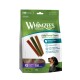 Verpackung für Whimzees Daily Dental Treats mit bunten Sticks, beschriftet für XS-Hunde (2-7 kg), mit Ansprüchen zur Reduzierung von Plaque und Zahnstein.