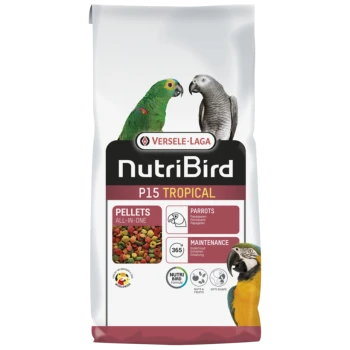 NutriBird P15 Tropenvogelfutterbeutel mit bunten Pellets, mit Bildern eines grünen und eines grauen Papageis auf der Vorderseite.