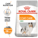 Sac de nourriture pour chiens Royal Canin Coat Care Mini avec un Shetland Sheepdog souriant et le texte : "Pelage sain et brillant" et "Résultats prouvés en 28 jours."