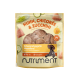 Packung Nutriment sanft gegarte Hähnchen-, Chicorée- und Zucchinimedallions für Hunde, 87 % Hähnchen, mit Hundeabbildung.