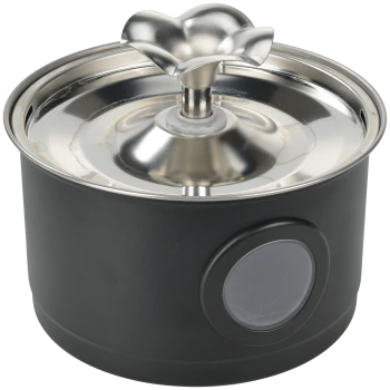 Fontaine à eau pour animaux noire avec couvercle en acier inoxydable et bec en forme de fleur, fenêtre circulaire sur la base.