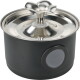 Fontaine à eau pour animaux noire avec couvercle en acier inoxydable et bec en forme de fleur, fenêtre circulaire sur la base.