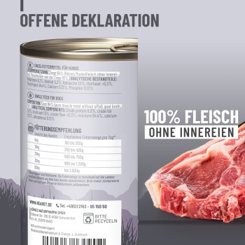 Dose Ziegenfleisch-Hundefutter mit Fütterungsempfehlungen und Text "100% Fleisch ohne Innereien".