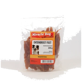 Miracle Dog Snacks Entenbrustfilet 250g natürliche Entenbrustleckerlis für Hunde in durchsichtiger wiederverschließbarer Tüte.